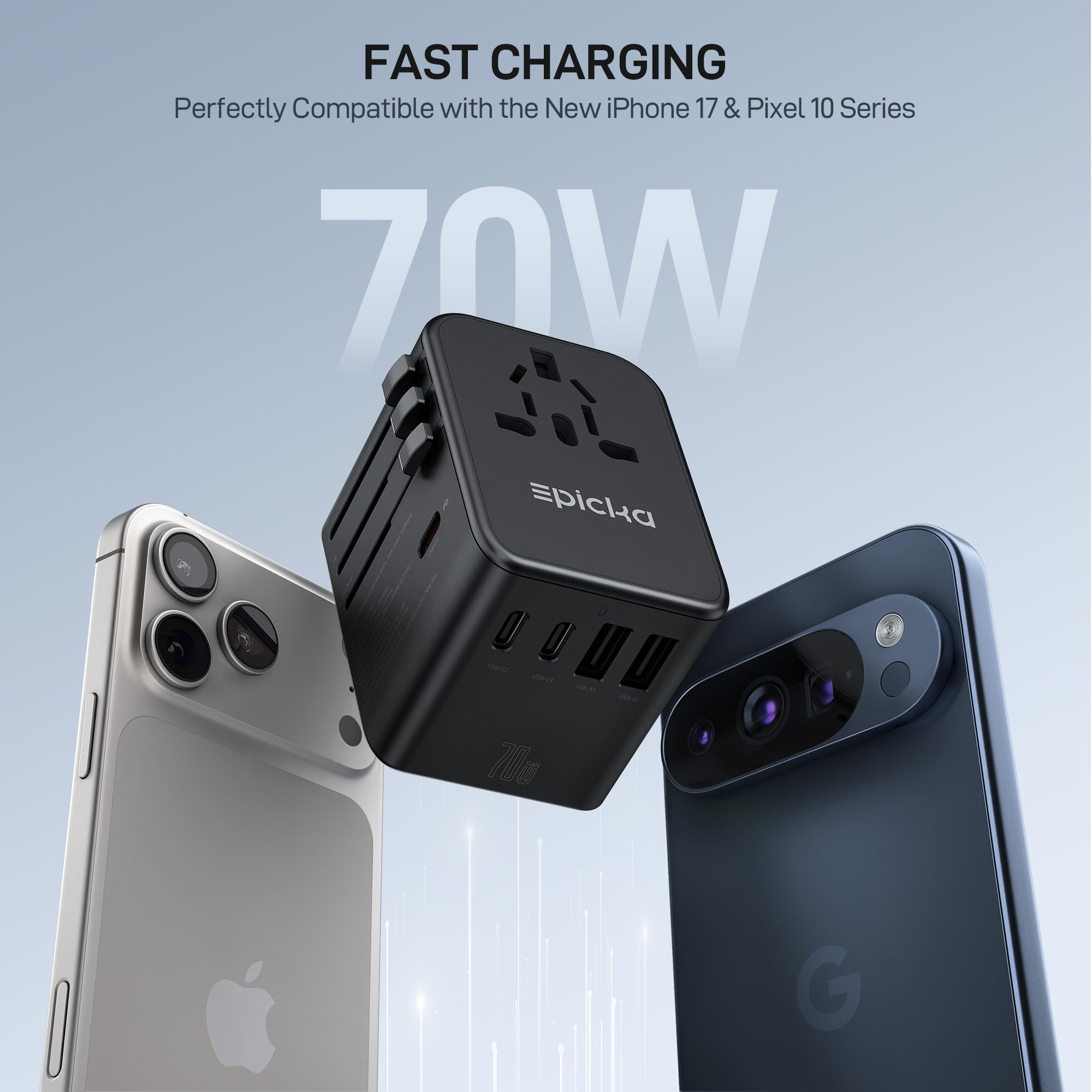 GaN Universal Travel Adapter with 3 USB-C PD Ports and 2 USB-A Ports