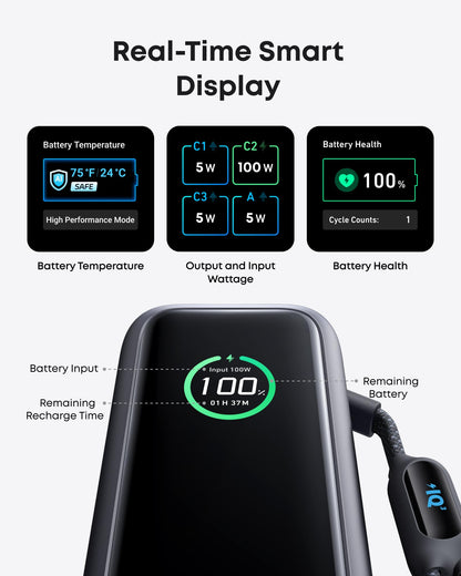 25000mAh 100W USB-C Laptop Power Bank with Built-In Cables