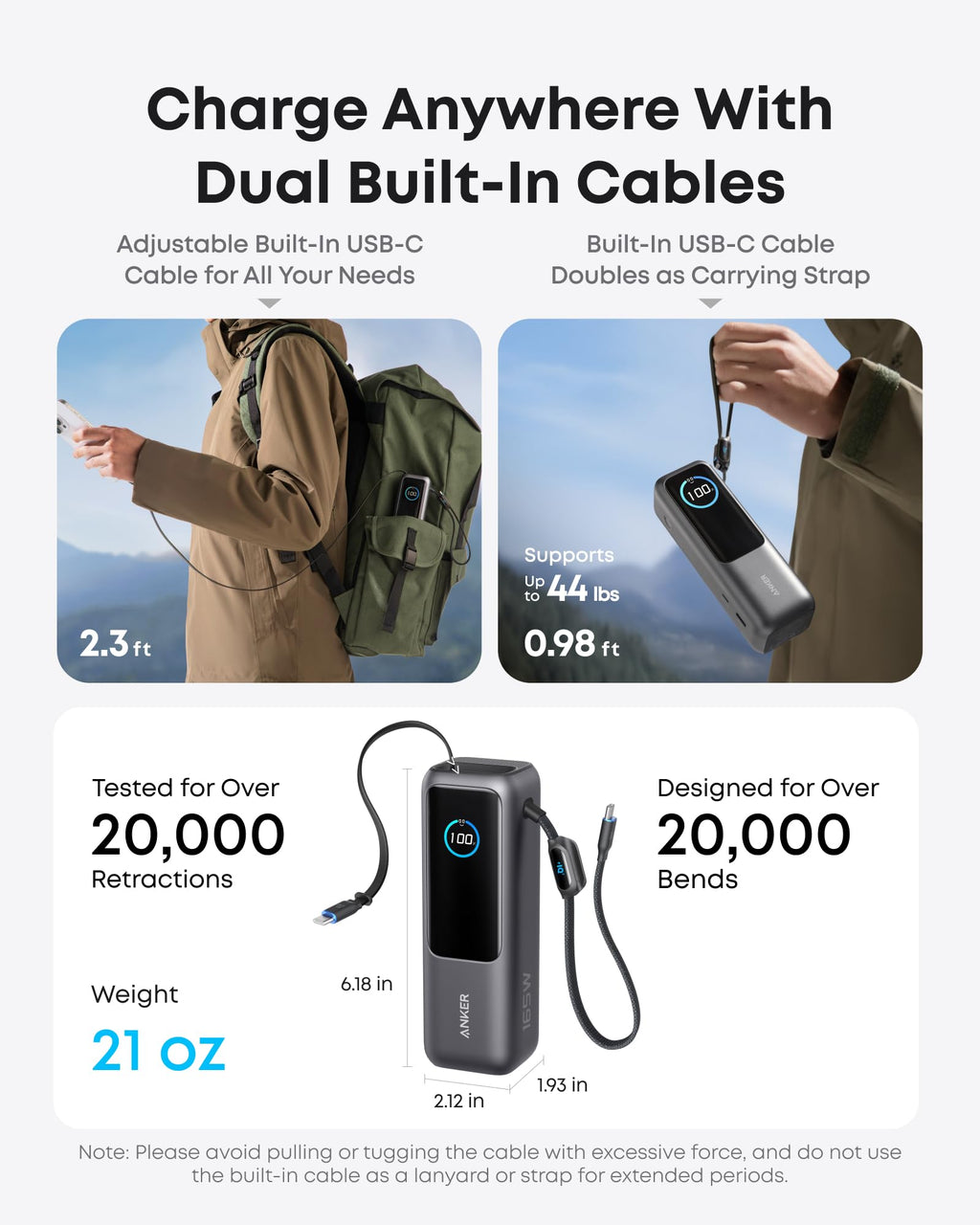 25000mAh 100W USB-C Laptop Power Bank with Built-In Cables