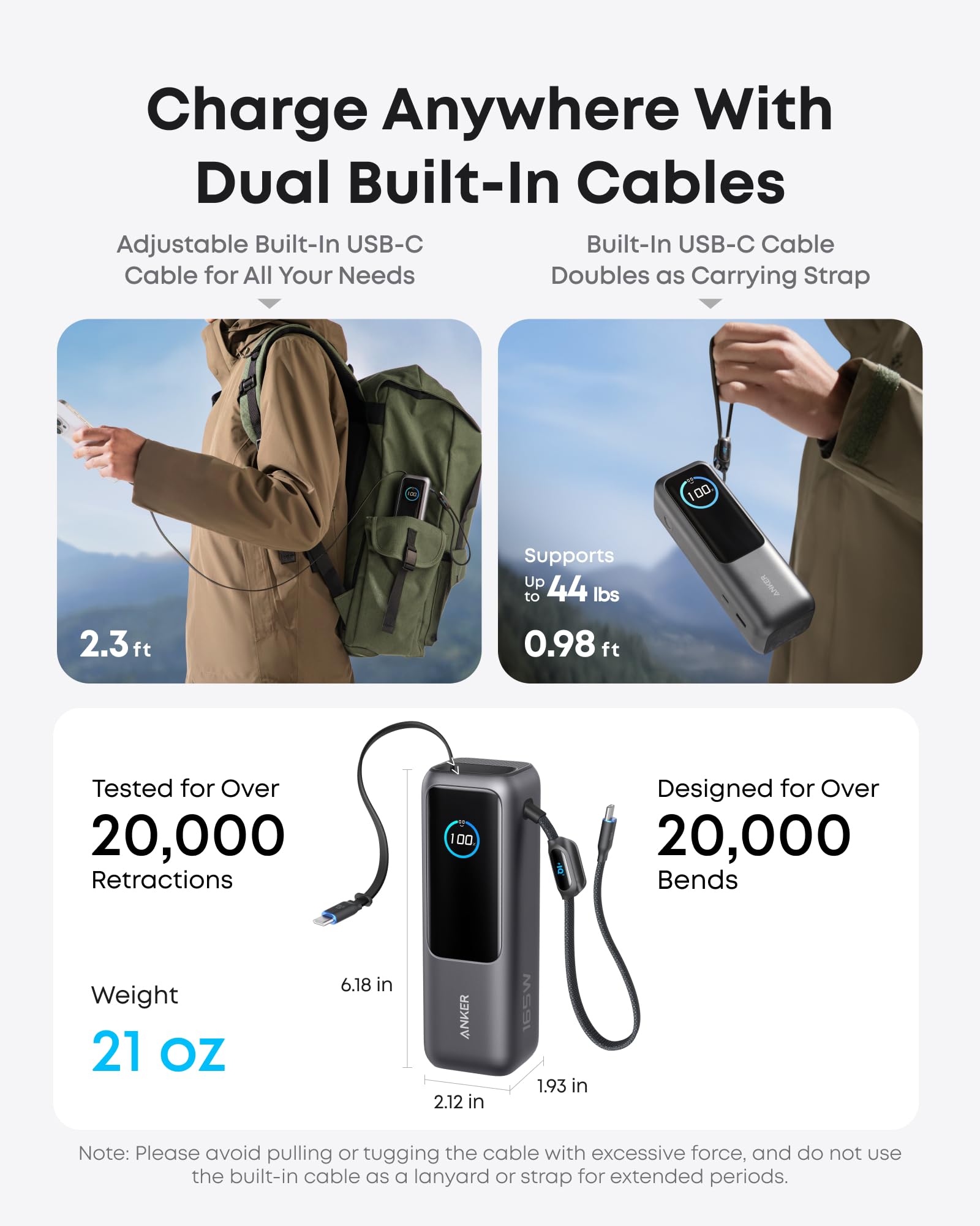25000mAh 100W USB-C Laptop Power Bank with Built-In Cables