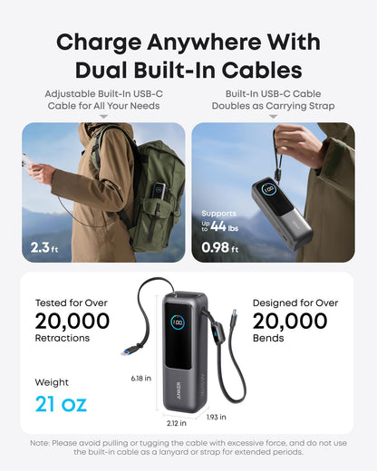 25000mAh 100W USB-C Laptop Power Bank with Built-In Cables