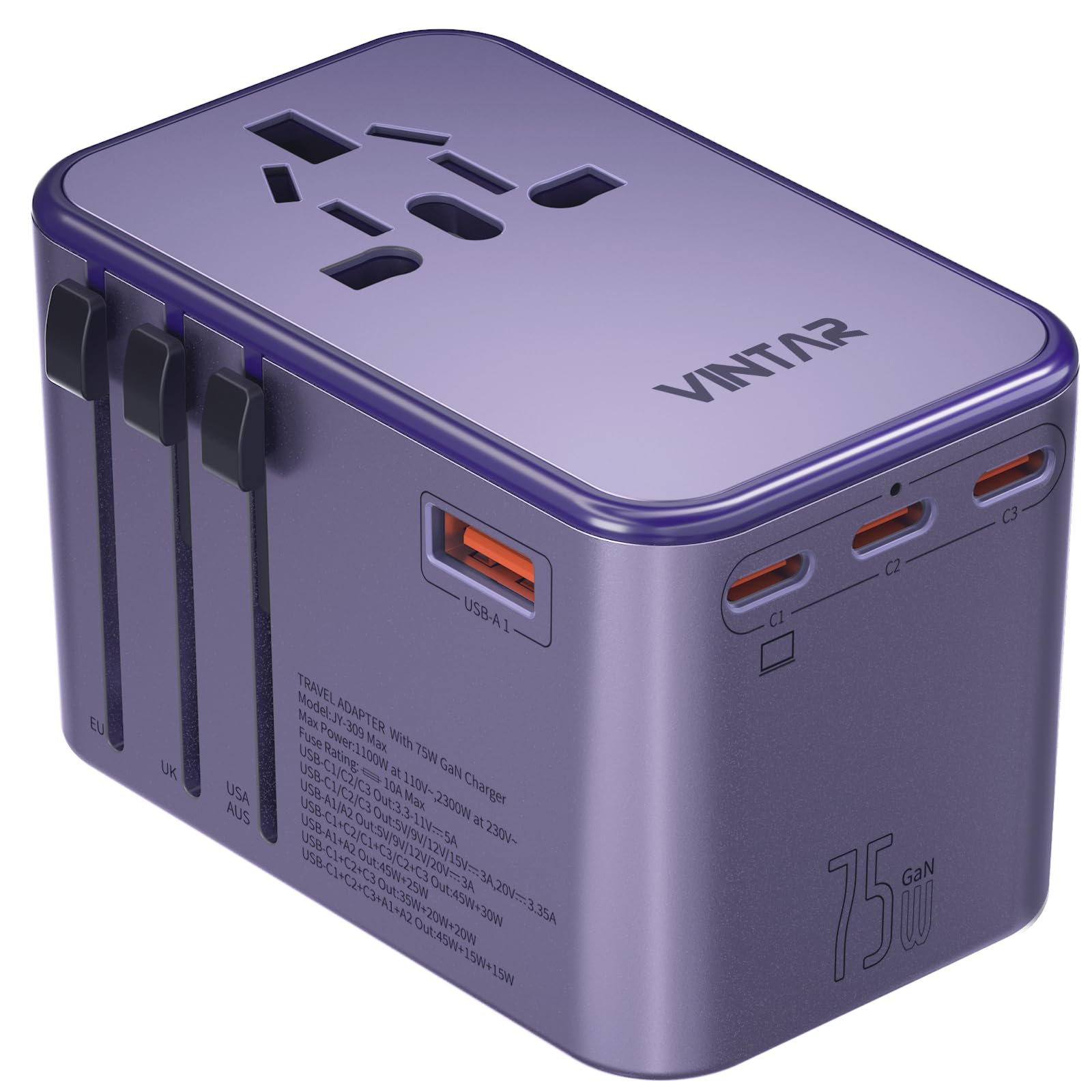 Universal Travel Adapter with 3 USB-C Ports, 2 USB Ports and Worldwide Compatibility