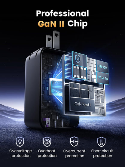 65W 3-Port GaN USB-C Charger with Foldable Compact Design
