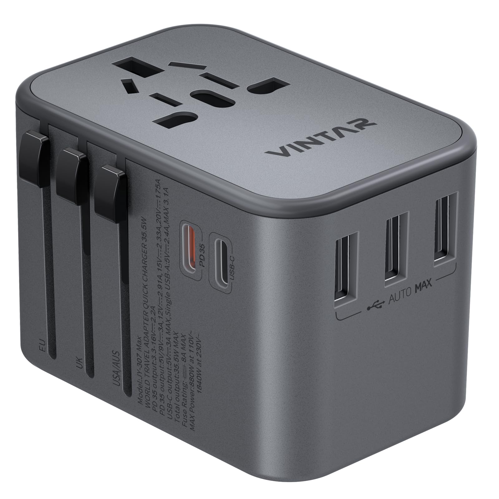 Universal Travel Adapter with 3 USB-C Ports, 2 USB Ports and Worldwide Compatibility