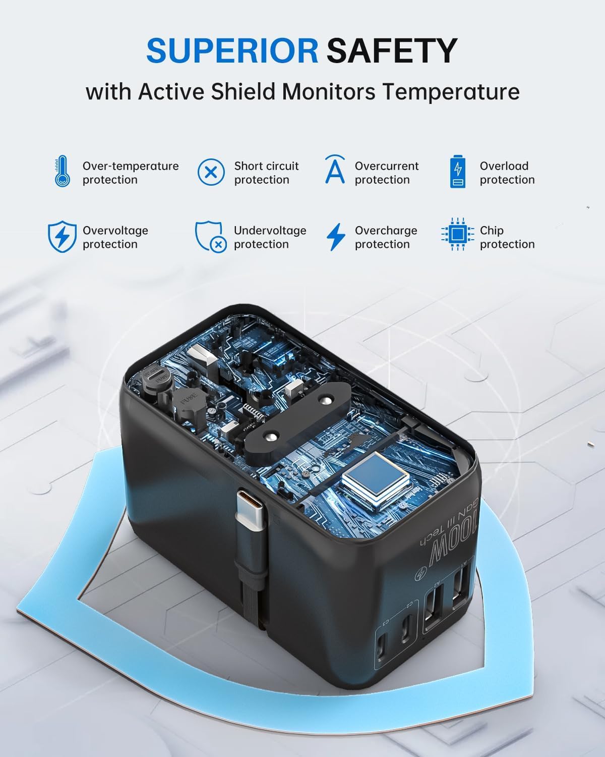 6-in-1 GaN Universal Travel Adapter with Built-In USB-C Cable and Fast Charging