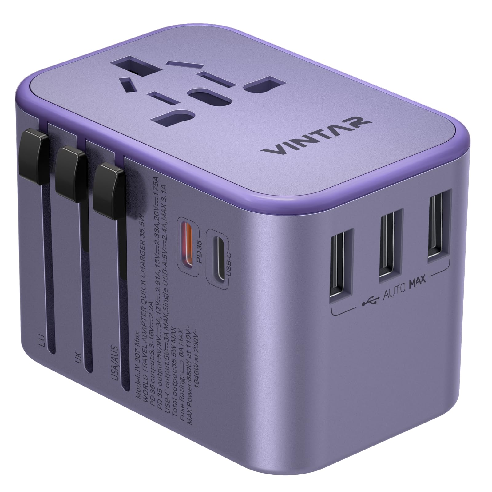 Universal Travel Adapter with 3 USB-C Ports, 2 USB Ports and Worldwide Compatibility