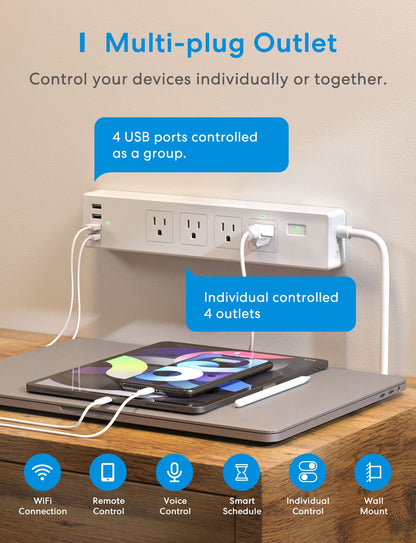 Smart Wi-Fi Power Strip with 4 Outlets, USB Ports and Voice Control Support